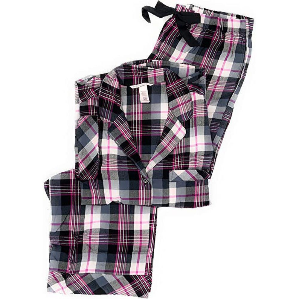 VICTORIA'S SECRET XXL PJ SET sleepwear flannel PINK black gray white PLAID black - Picture 4 of 4